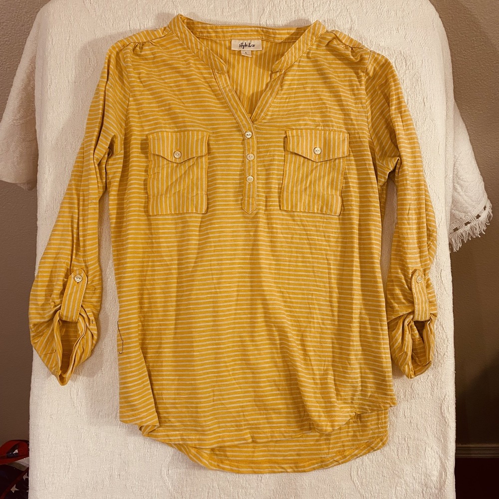 Style & Co. Ladies Sunflower Yellow Long Sleeve Striped Top. V Neck 3 Buttons